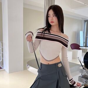 AGAM Off-The-Shoulder Striped Knit Long Sleeve Top